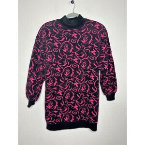 Vintage St John Sweater Chenille Pink Black Floral 80s 90s USA Made Pink Large